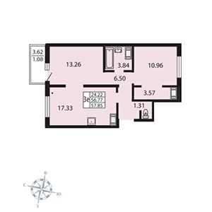 2-комнатная, 56.3 м² — ЖК ЖК Звездный дуэт