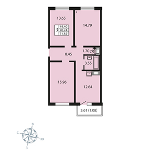 3-комнатная, 70.9 м² — ЖК ЖК Звездный дуэт