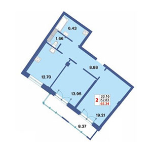 2-комнатная, 64.4 м² — ЖК ЖК Три ветра