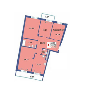 3-комнатная, 127.3 м² — ЖК ЖК Три ветра