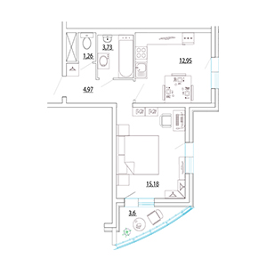 1-комнатная, 39.89 м² — ЖК ЖК Петр Великий
