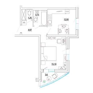 1-комнатная, 39.89 м² — ЖК ЖК Петр Великий