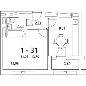 1-комнатная, 31.07 м² — ЖК ЖК Нью Тайм (New Time)