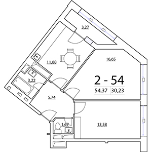 2-комнатная, 54.37 м² — ЖК ЖК Славянка