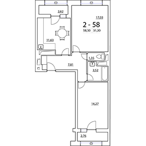 2-комнатная, 58.3 м² — ЖК ЖК Нью Тайм (New Time)