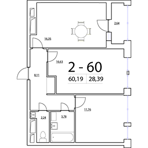 2-комнатная, 60.19 м² — ЖК ЖК Ариосто