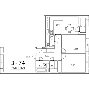 3-комнатная, 74.31 м² — ЖК ЖК Нью Тайм (New Time)