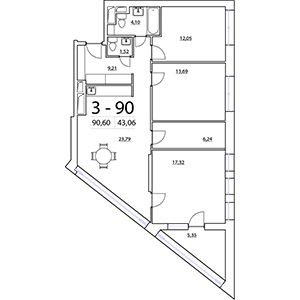 3-комнатная, 90.54 м² — ЖК ЖК Нью Тайм (New Time)