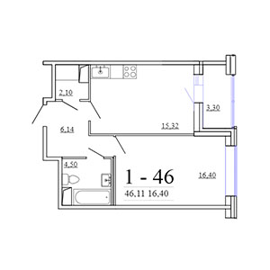 1-комнатная, 46.11 м² — ЖК ЖК Фамилия