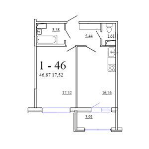 1-комнатная, 46.87 м² — ЖК ЖК Фамилия