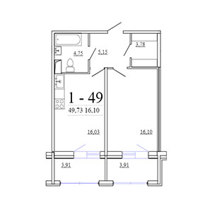 1-комнатная, 49.73 м² — ЖК ЖК Фамилия