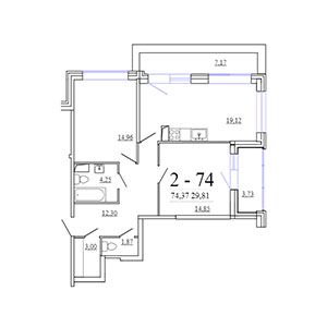 2-комнатная, 74.37 м² — ЖК ЖК Фамилия