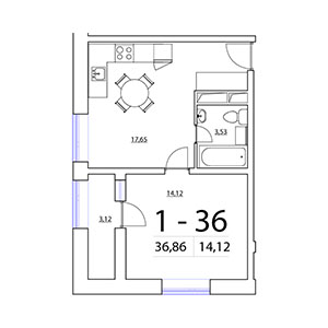 1-комнатная, 36.86 м² — ЖК ЖК Терра