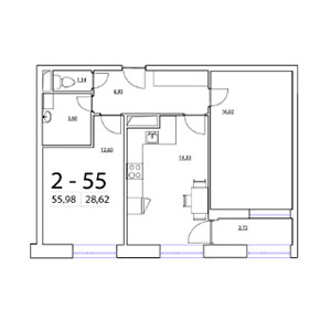 2-комнатная, 55.98 м² — ЖК ЖК Терра