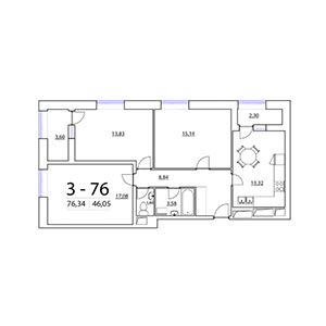 3-комнатная, 76.34 м² — ЖК ЖК Терра