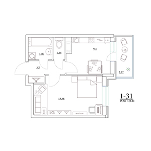 1-комнатная, 35.01 м² — ЖК ЖК Старая крепость