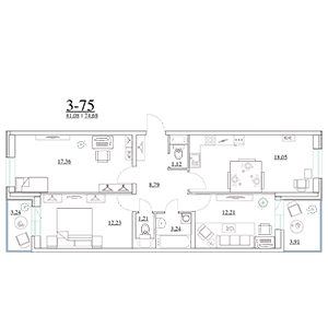 3-комнатная, 78.26 м² — ЖК ЖК Наутилус