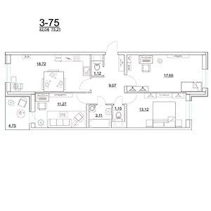 3-комнатная, 79.55 м² — ЖК ЖК Старая крепость