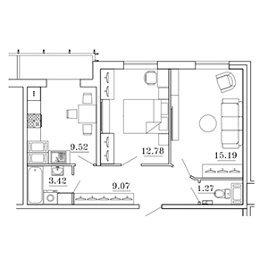 2-комнатная, 52.96 м² — ЖК ЖК Суворов