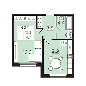1-комнатная, 31.64 м² — ЖК ЖК Славянка