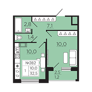 1-комнатная, 32.53 м² — ЖК ЖК Славянка