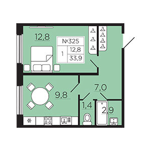 1-комнатная, 33.89 м² — ЖК ЖК Славянка