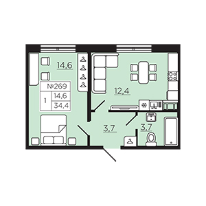 1-комнатная, 34.44 м² — ЖК ЖК Славянка