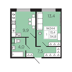 1-комнатная, 34.84 м² — ЖК ЖК Славянка