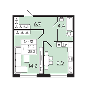 1-комнатная, 35.19 м² — ЖК ЖК Славянка