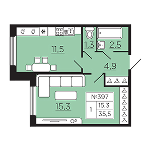 1-комнатная, 35.53 м² — ЖК ЖК Славянка