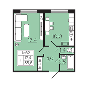 1-комнатная, 35.55 м² — ЖК ЖК Славянка