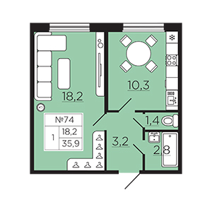 1-комнатная, 35.94 м² — ЖК ЖК Славянка