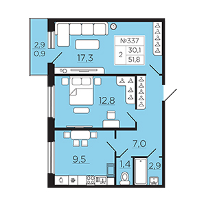 2-комнатная, 51.75 м² — ЖК ЖК Славянка