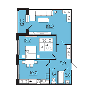2-комнатная, 52.26 м² — ЖК ЖК Славянка