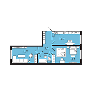 2-комнатная, 54.37 м² — ЖК ЖК Славянка
