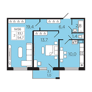 2-комнатная, 54.67 м² — ЖК ЖК Славянка
