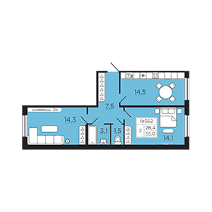 2-комнатная, 55.03 м² — ЖК ЖК Славянка