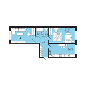 2-комнатная, 55.04 м² — ЖК ЖК Славянка