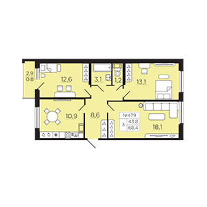 3-комнатная, 68.37 м² — ЖК ЖК Славянка