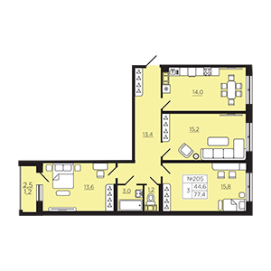 3-комнатная, 77.42 м² — ЖК ЖК Славянка