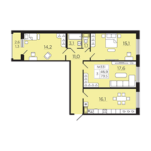 3-комнатная, 79.5 м² — ЖК ЖК Славянка