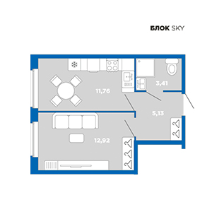 1-комнатная, 33.22 м² — ЖК ЖК Лайк