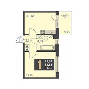 1-комнатная, 33.54 м² — ЖК ЖК Наутилус