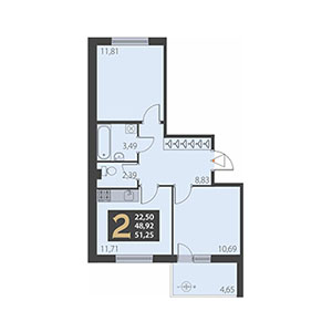 2-комнатная, 51.25 м² — ЖК ЖК Наутилус