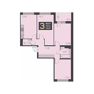 3-комнатная, 74.47 м² — ЖК ЖК Наутилус