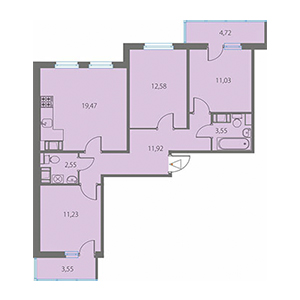 3-комнатная, 75.41 м² — ЖК ЖК Крылья