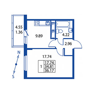 2-комнатная, 34 м² — ЖК ЖК Полис на Неве