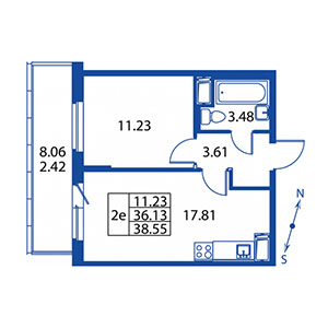 2-комнатная, 36 м² — ЖК ЖК Полис на Неве