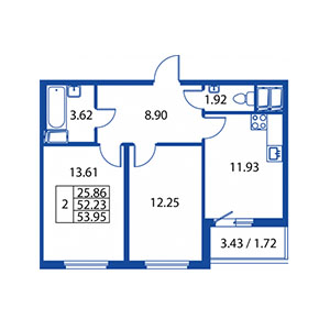 2-комнатная, 52 м² — ЖК ЖК Жемчужный Каскад