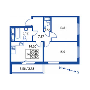 2-комнатная, 56 м² — ЖК ЖК Жемчужная гавань